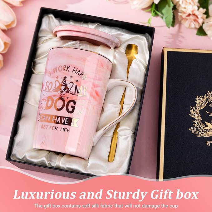 Dog Mom Gifts for Women - Unique Dog Lover Gift Presents for Birthday, Christmas, Valentine’s, or Mother’s Day - 14oz Pink Marble Ceramic Mug for Dog-Loving Friend, with Greeting Card, Nice Gift Boxed