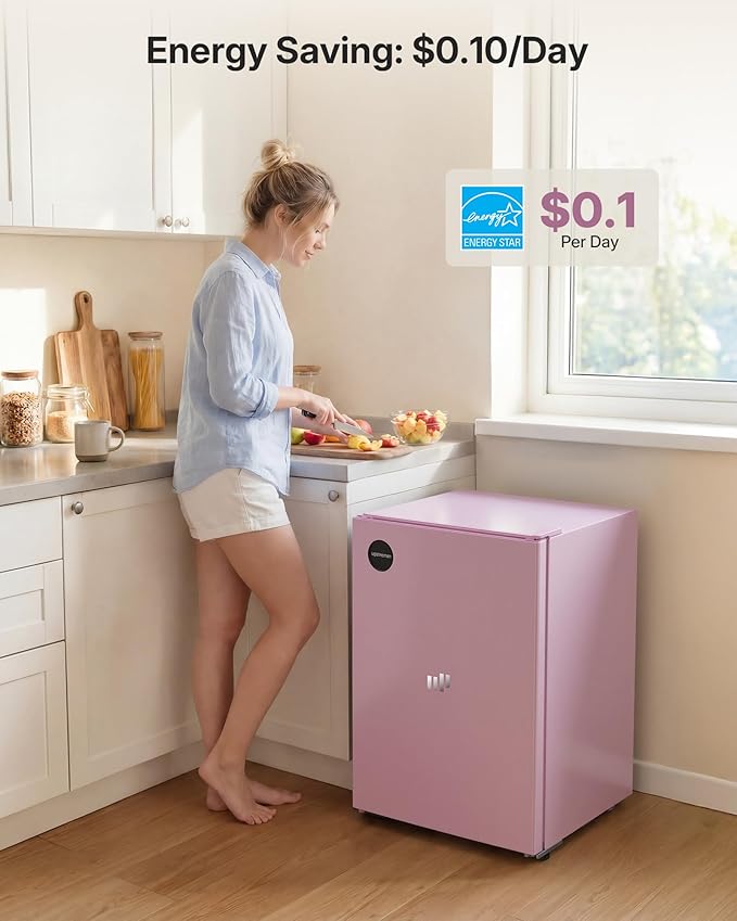 Upstreman 2.5 Cu.Ft All-Refrigerator Mini Fridge, Single Door Small Refrigerator, Dorm Fridge with 7 Adjustable Thermostat, Compact Refrigerator for Office, Bedroom or Dorm, Pink-CR26