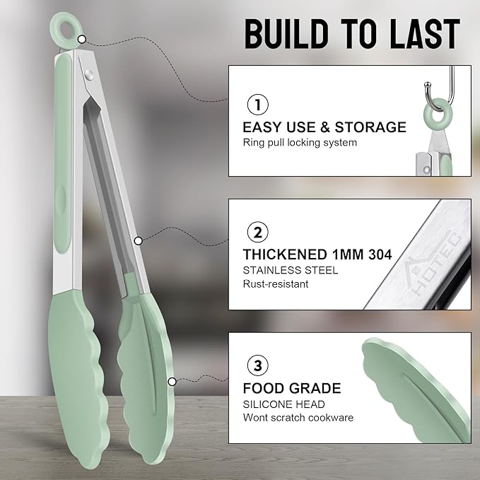 Hotec Silicone Kitchen Tongs for Cooking 9-Inch Serving Tongs with Silicone Tips, Set of 3 (Light Green)