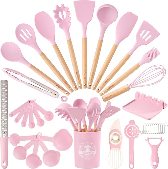 Astercook Kitchen Utensils set, 39 PCS Silicone Cooking Utensils Set with Wooden Handle, 446°F Heat Resistant Food Grade Utensil Sets, BPA Free Kitchen Gadgets Tools Set for Mothers Day Gifts