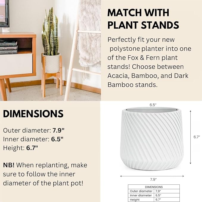 Fox & Fern Large Indoor Planter, Modern Large Plant Pot for Indoor or Outdoor, UV and Frost Resistant - 8 Inch, Matte White Flower Pot with Drainage Plug, 3D Printed Design