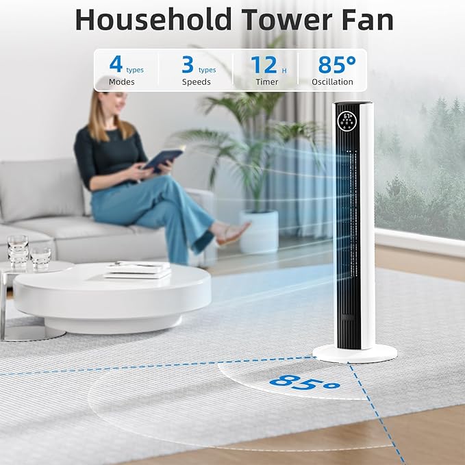 Antarctic Star 37" Black and White Tower Fan for Bedroom, Oscillating Quiet Cooling Fan with 4 Modes & 3 Speeds, 12H Timer, LED Display, Two-Tone Standing Fan for Home Office