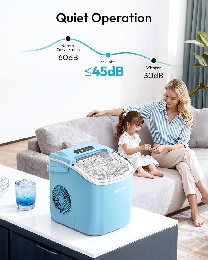 EUHOMY Countertop Ice Maker Machine with Handle, 26lbs Per Day, 9 Ice Cubes Ready in 6 Mins, Auto-Cleaning Portable Ice Maker with Basket and Scoop, for Home/Kitchen/Camping/RV (Blue)