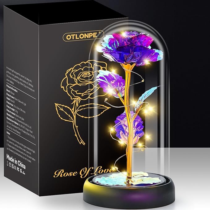 Otlonpe Mothers Day Flowers Gifts for Mom from Daughter Son, Preserved Forever Glass Light Up Rose Gifts for Grandma Wife Women Girlfriend Sister, Teacher Appreciation Graduation Gift for Her (Purple)