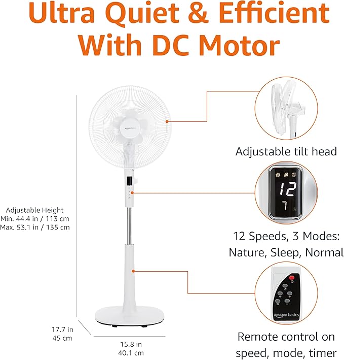 Amazon Basics 16-inch Quiet DC Motor Standing Floor Fan for Bedroom, 12 Speed with Remote, 3 Breeze Modes, Adjustable Height, Dual-Layered Blades, Timer, Energy Efficient (28W), White