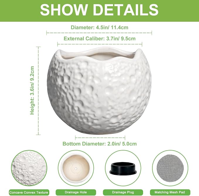 4 Inch Plant Pots - Ceramic Pots for Plants with Drainage Hole, Small Planter for Indoor Outdoor, Unique Succulent Pot, Decorative Modern Round Planter, Desk Decor, Plant Lover Gifts, White