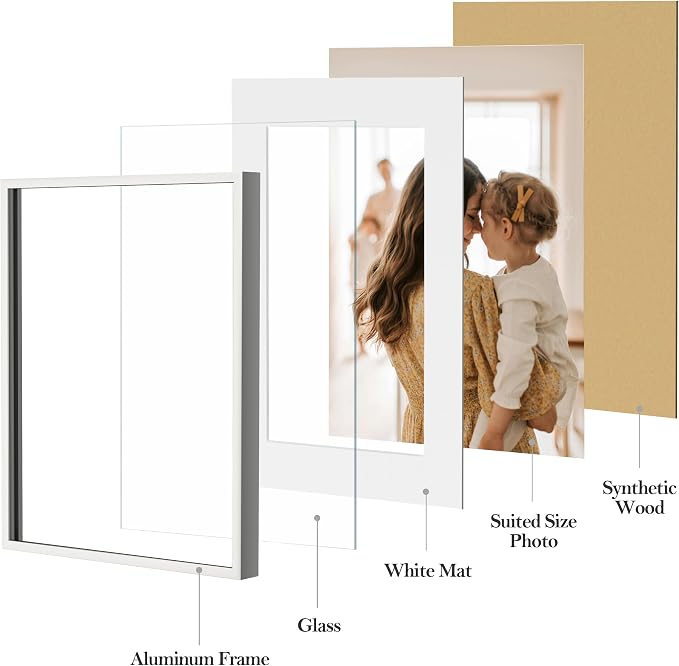 eletecpro Aluminum Gallery Wall Frame Set of 7 with Glass Cover, Silver | Including 1Pc 11x14, 2Pcs 8x10, 4Pcs 5x7 Photo Frames, Multiple Sizes Picture Frames Collage Wall Decor or Tabletop Display