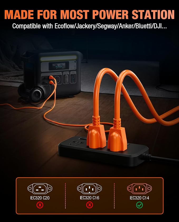 Heavy-Duty Power Station Charging Cable, 14AWG Fast Charger Cable for Jackery Explorer 2000/1500/1000 Pro,Ecoflow Delta/River Series,Bluetti EB3A;Anker 757/767, 125V 15A AC Power Cord Orange(16FT)