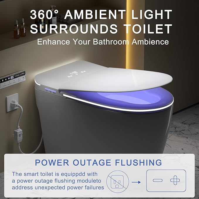 Smart Toilet with Built-in Foam Shield,One Piece Tankless Toilet with Powerful Flush and Auto-Open/Close Lid,Instant Warm Water Sprayer and Dryer Bidet,for Luxury Bathroom