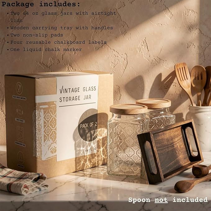 eBun 2 Pack 2 Quart (64 oz) Airtight Brown Sugar Container Set, Vintage Style Glass Jars with Wooden Lids & Tray, Half Gallon Kitchen Canisters for Flour, Coffee, Tea, Pantry Storage