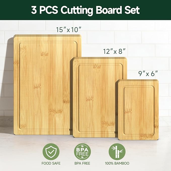 3-Piece Set Bamboo Cutting Board for Kitchen - Crack-Resistant Wood Chopping Boards with Deep Juice Grooves, Pre-Oiled Butcher Block for Meat, Vegetables & Cheese, Natural