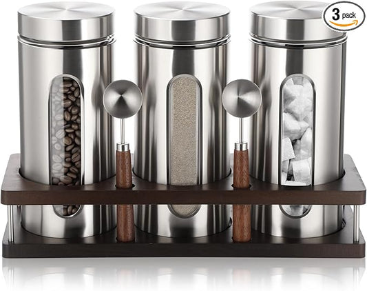 Suclain Stainless Steel Coffee Grounds Canisters with Shelf 3 x 50oz Sugar Coffee Bean Storage Container with Airtight Threaded Lid Glass Window Scoop Kitchen Jar Set for Bar Creamer Nut Tea