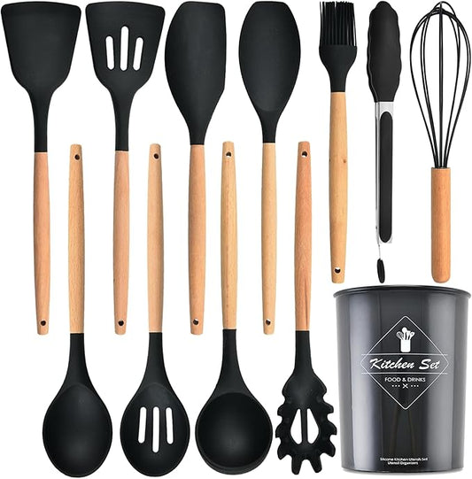 Kitchen Utensils Set,Kitchen Cooking Utensils Set,Spoon,Spatula,446℉ Heat Resistant 12-pcs Non-stick Food Grade Silicone and Wooden Handles,Kitchen Tools Set(Black)