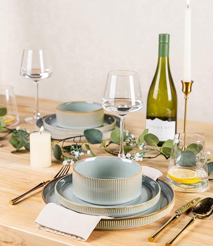 TheTerra Ceramic Dinnerware Sets for 8, 24 Pieces Porcelain Lightweight Plates and Bowls Sets, Scratch Resistant Dish Set, Oven & Microwave & Dishwasher Safe, Illusion Blue