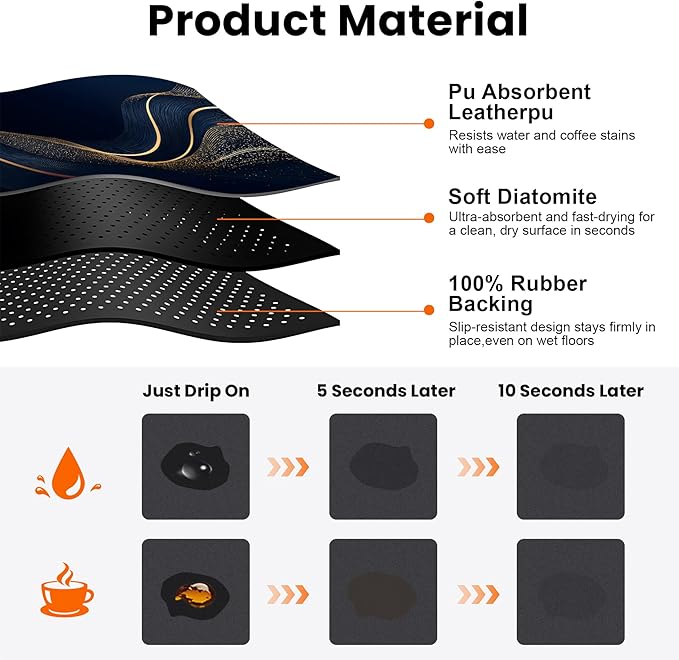 Coffee Mat 17"x32" - Extra Large Absorbent Non Slip Dish Drying Mat,Coffee Bar Accessories,Kitchen Counter Protector for Coffeemaker, Sink, Dining Decor (Lines)