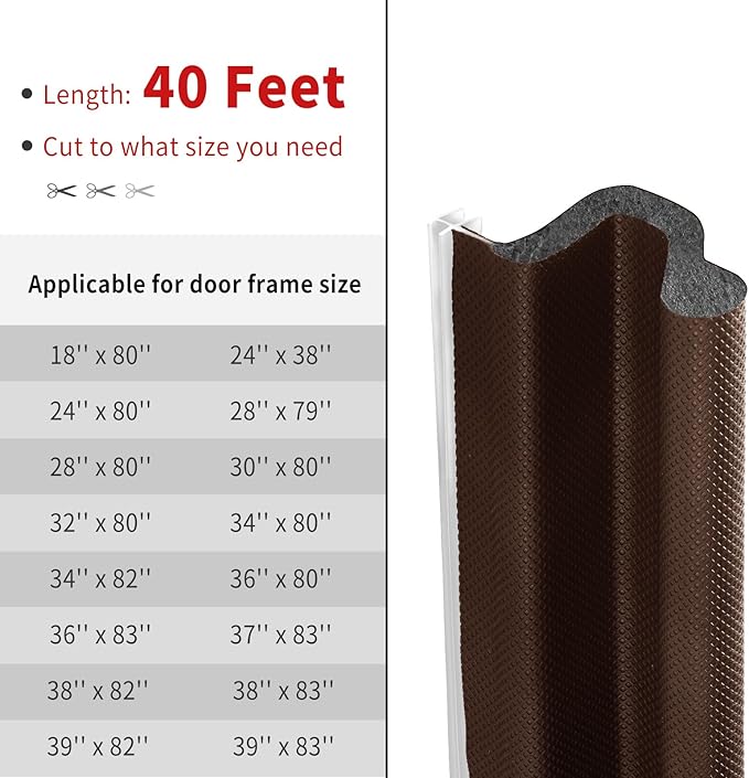 40 Feet Kerf Door Weather Stripping Door Seal, Long Reach V-Shaped Door Seal Strip for Door Frame Door Weatherstripping Insulation Strip Door Soundproofing for Large Gap(Brown)