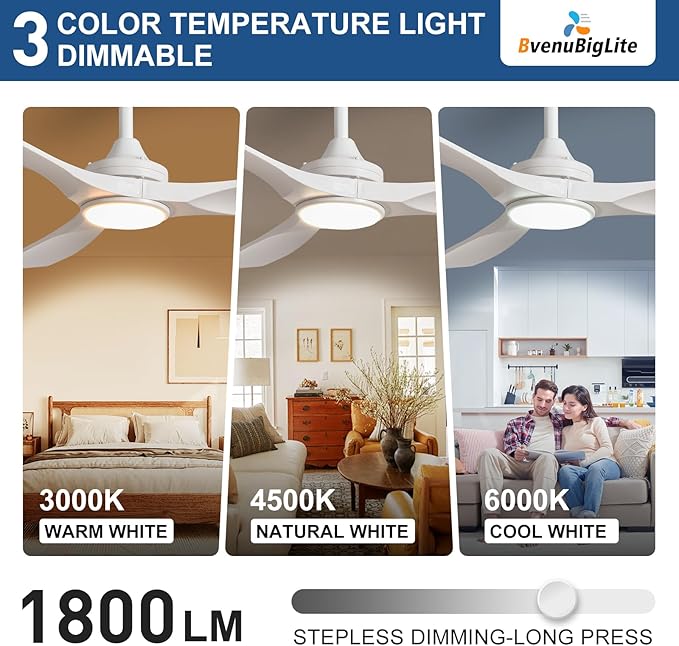 Outdoor Ceiling Fan with Light: 52 Inch 3 Blade Outdoor Fans for Patios - Modern White Ceiling Fan with Dimmable Light Remote APP Control Ultra Quiet Reversible DC Motor Timer