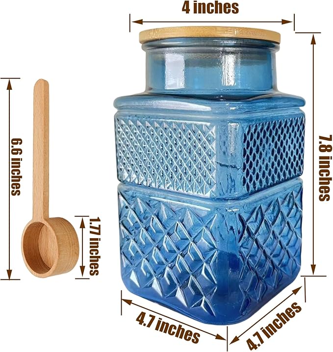 Coriario 60oz Vintage Glass Jar with Airtight Lid and Wood Spoon Blue Square Glass Storage Canisters Jars for Food Candy Flour Sugar Cookie Coffee Tea Decorative Vase