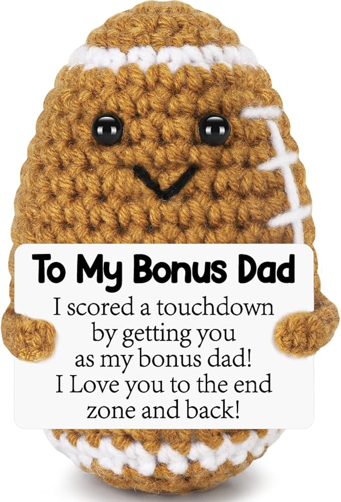 Bonus Dad Fathers Day Birthday Gifts from Daughter Son Wife, Positive Handmade Crochet Step Dad Gifts, Funny Cute Small Gift for Dads, I Love You Papa Gift Idea, Unique Football Doll for Bonus-Dads