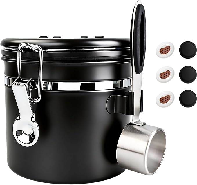 ShanSon Coffee Canister Airtight Coffee Container Stainless Steel Coffee Bean Storage Container with Scoop Coffee Canister for Beans Grounds Sugar Flour Tea Cereal,11OZ, Black