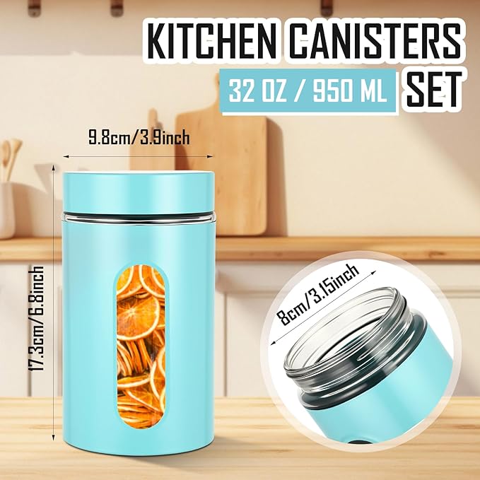 Patelai 6 Pack Kitchen Canisters Set Airtight Stainless Steel Canister Food Storage Container with Window Glass, Coffee Sugar Candy Jars Tea Organizer for Flour Cookies Spice (Turquoise,32 oz)