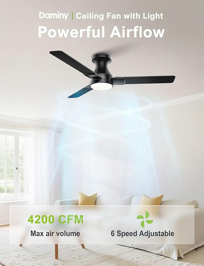 DAMINY 42 inch Ceiling Fans with Lights,3 Blades,6CCT, Low Profile Ceiling Fan with Light and Remote Control,Ceiling Fan for Bedroom, Kitchen,Indoor/Outdoor Use,Flush Mount-Black