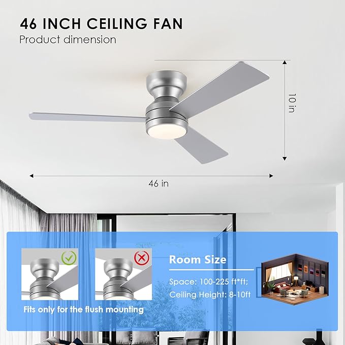 Asyko 46" Silver Low Profile Ceiling Fan with Light and Remote,Modern Flush Mount Ceiling Fans for Bedroom, Living Room, 6 Speeds, Dimmable, Timer, Quiet Reversible