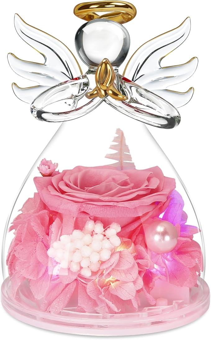 Mothers Day Mom Gifts for Mom,Fresh Flowers for Delivery,Birthday Gifts for Women Her,Preserved Flowers in Angel Figurines,Angel Gifts for Moms Mothers Day Grandma Wife Sister,Light Up Pink Gift