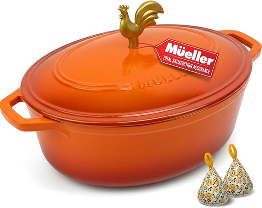 MUELLER HOME 5.5 Quart Enameled Cast Iron Oval Dutch Oven w Rooster Knob & Cotton Potholders, Heavy-Duty Cookware, Oven-Safe up to 500° F & Across All Cooktops, Gifts for Grandma & Women, Orange | Rooster Knob, Cotton Potholders Included, Heavy-Duty Co...