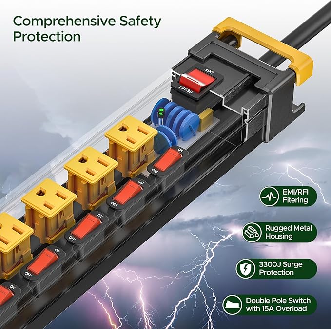 12 Outlet Long Heavy Duty Power Strip with Individual Switches,3300J Surge Protector Metal Power Strip,Wide Spaced,6Ft Cord Managment for School,Garage,Office,Workbench,ETL Listed(15A/1875W)