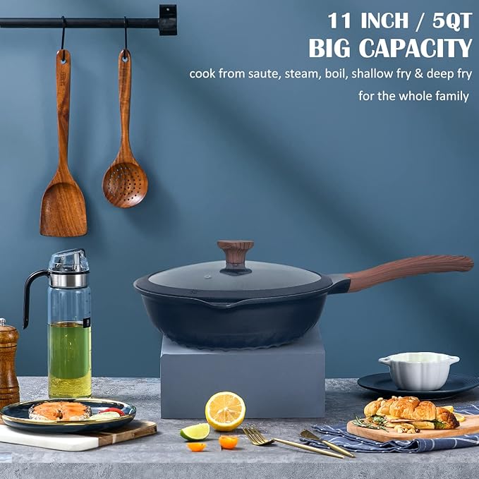 Vinchef Nonstick Deep Frying Pan Skillet with Lid, 11in/5Qt Saute Pan, German 3C+ Ceramic Coating Technology, Heat Indicator, Induction Compatible | German 3C+ toxin-free ceramic PFOA-free. Induction/gas compatible. Heat indicator handle. Lightweight d...