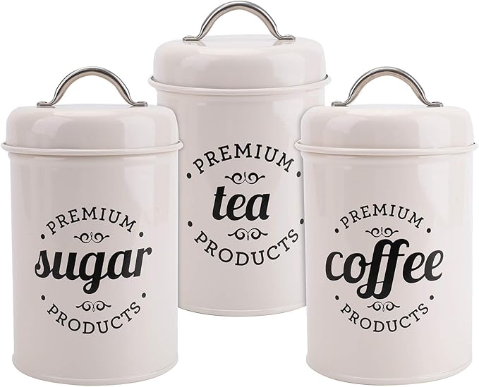 Hedume Set of 3 Airtight Kitchen Canister Decorations with Lids, Coffee, Tea, Sugar Metal Containers, Decorative Nesting Kitchen Canister Jars, Food Storage