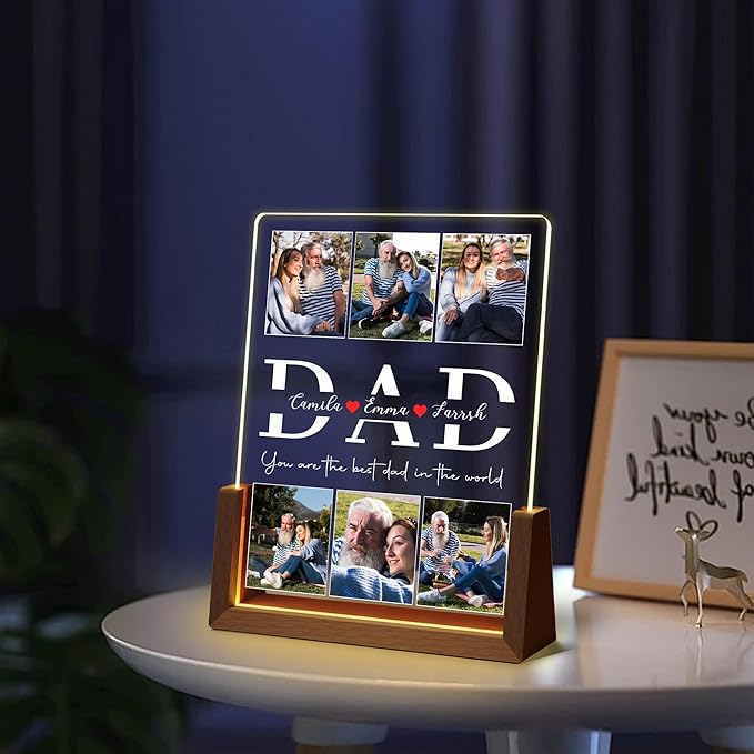 Personalized Fathers Day Birthday Gifts For Dad From Daughter Son Wife, Custom Acrylic Plaque Light Up Picture Frame With Photo Name, Customized Dad Gifts For Husband Men Papa Fathers Day Christmas