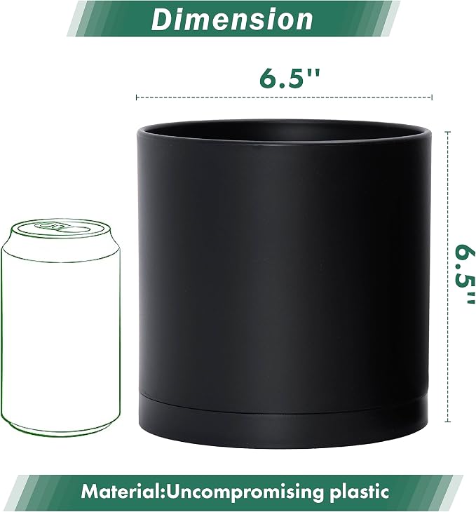 D'vine Dev 2 Pack 6.5 Inch Modern Plastic Plant Pots, Small Garden Planters for Plant with Drainage Holes and Saucers, Black Color, 74-Y-L-1
