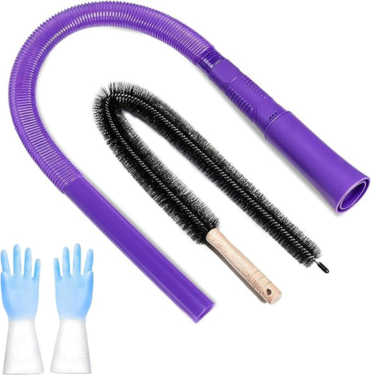 3 Pieces Dryer Vent Cleaner Kit: Vacuum Hose With Brush & Gloves Fits for Vacuums Cleaner, Refrigerator Condenser Coils, Tight Spaces Behind Appliances, Deep Cleaning Tools for Clogged Ducts- Purple