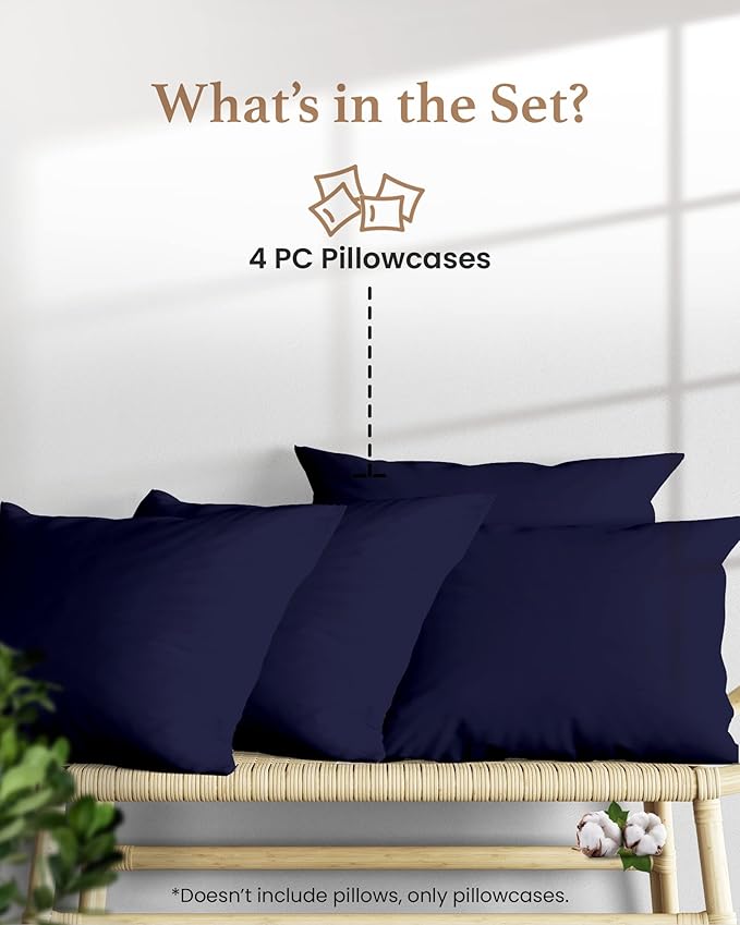 1000 TC Navy Blue King Pillowcases Set of 4 100% Egyptian Cotton Pillow Cases with Long Staple Cotton & Sateen Weave, Silky Soft Hotel - Like Bed Pillow Covers for Comfy Sleeping, Snug Fit