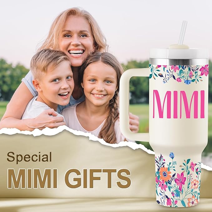 ROSTANTEN Mimi Gifts for Grandma Mothers Day Gifts for Mimi Grandma Gift Ideas from Grandkids for Birthday Christmas 40oz Travel Cup Insulated Tumbler with Lid & Straw