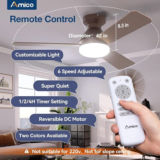 Amico Ceiling Fans with Lights, 42 inch Low Profile Ceiling Fan with Light and Remote Control, Flush Mount, Reversible, 3CCT, Dimmable, Noiseless, Brown Ceiling Fan for Bedroom, Indoor/Outdoor Use