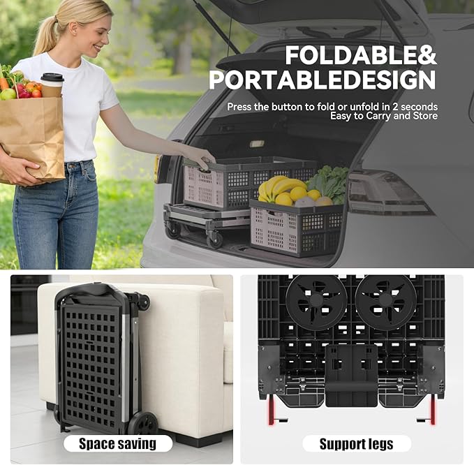 Collapsible Shopping Cart with Wheels,2 Tier Multi Use Foldable Shopping Cart with 2 Storage Crates,Folding Shopping Trolley Utility Cart for Office,Groceries, Warehouse,Supermarket,Picnic (Grey)