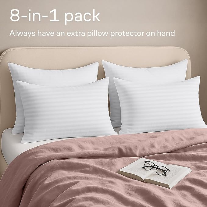 Ultra Soft Pillow Protectors with Zipper King Size - Set of 8 Breathable Pillow Covers - 100% Protection Against Stains, Dust & Dirt - Machine Washable (Dark White)
