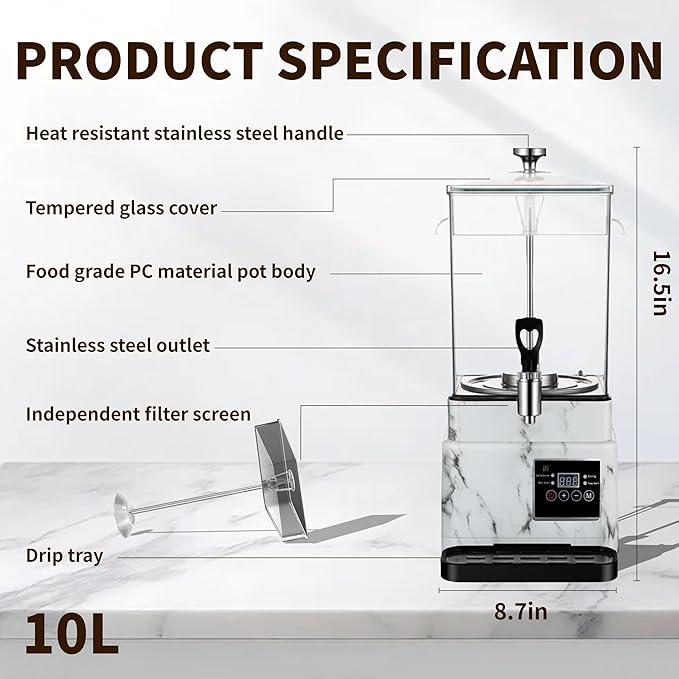 Commercial Coffee Urn Hot Beverage Dispenser Coffee Maker, Food-grade Plastic 10 L 65 Cups, Hot Chocolate Machine, Electric Percolator for Catering Hot Water for Hot Cocoa, Drink, Tea, Juice