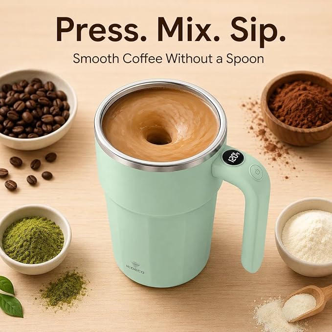 Self Stirring Coffee Mug, 12oz Rechargeable Magnetic Mixing Cup with Temperature Display, 316 Stainless Steel Electric Stirring Cup with Lid & Handle for Coffee, Cocoa, Matcha, Creamer, Mushroom Coffe