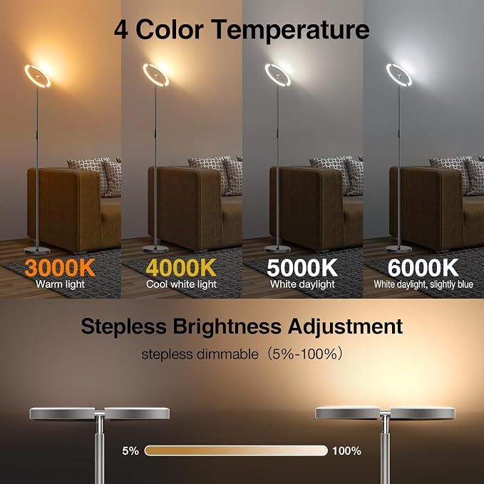 SIBRILLE Gunmetal Gray LED Floor Lamp - Rotatable Standing Lamp for Living Room Bedroom, 22W Dimmable Floor Readig Light with Touch/Remote Control, Modern Corner Lamp for Office, Brightness Adjustable