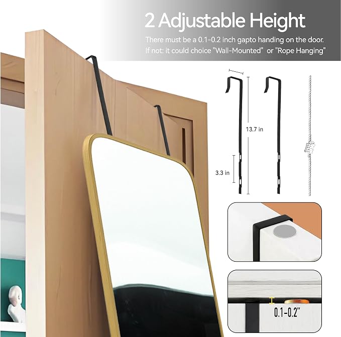SCWF-GZ 57x16 Full Length Mirror Over The Door Hanging, Floor Stand/Wall Mounted Aluminum Alloy Frame Dressing Mirror for Bedroom Living Room 57 inch Gold