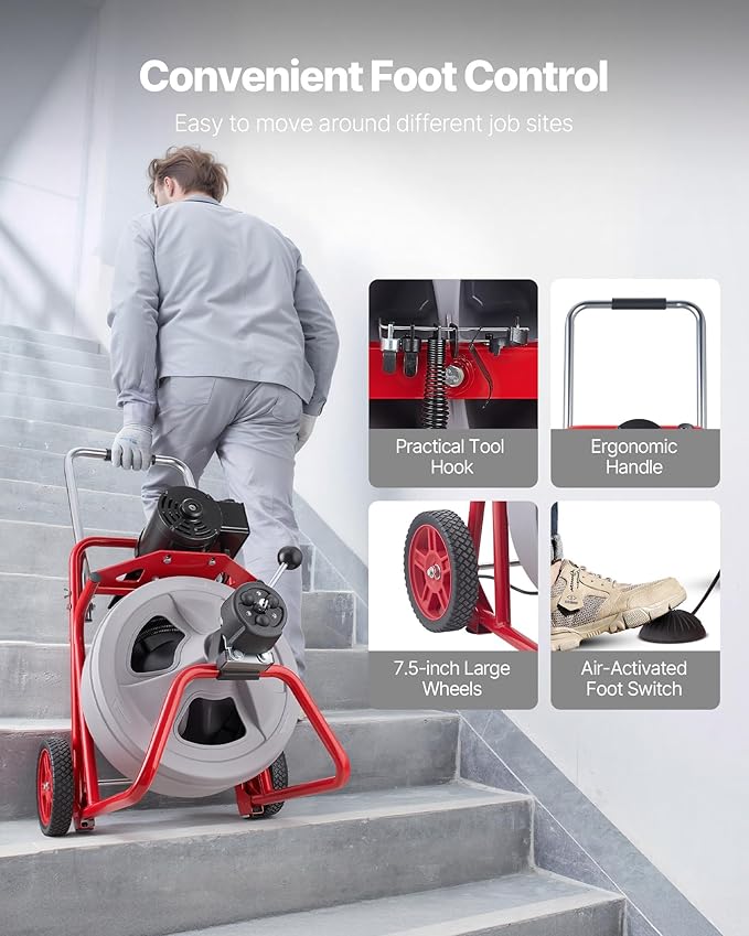 VEVOR Drain Cleaner Machine 75 FT x 1/2 Inch, Auto Feed Sewer Snake Drain Auger on Wheels, Portable Drain Cleaning Machine with 8 Cutters & Air-Activated Foot Switch for 2" to 6" Pipes