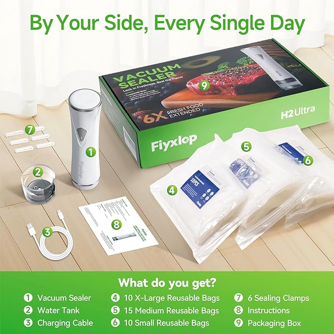 Handheld Vacuum Sealer, Premium Vacuum Sealer for Food + 35 Reusable Sous Vide Bags, Powerful Vacuum Food Sealer for Kitchen, Home, BBQ, Travel, Gifts, Seal Food 6X Fresh Longer