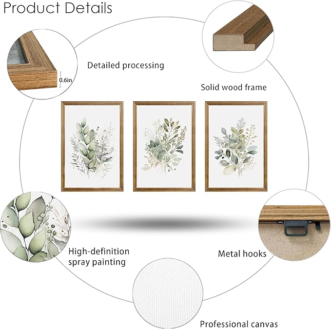 WRFON Framed Sage Green Botanical Wall Art Set of 3, Watercolor Eucalyptus & Wild Plant Canvas Prints, Minimalist Green Wall Decor for Living Room Bedroom Bathroom, 16x24 Inches
