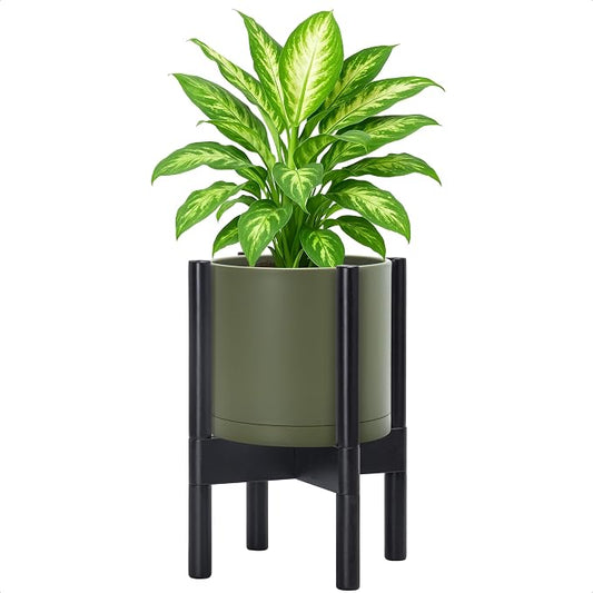 D'vine Dev Plastic Pot with Ebony Wood Stand, Olive, 8 in, 55-C-K-3 | Mid-Century Inspired Design, Elevated Plant Display, Clean Lines, Sturdy Support, Modern Space-Saving Style