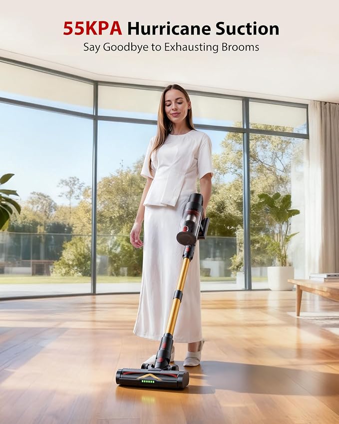 Cordless Vacuum Cleaner, 75Mins/55KPa/650W Freestanding Vacuum Cleaners for Home, with Anti-Static&Anti-Tangle Brush, LED Touch Screen, Stick Vacuum for Carpets, Pet Hair, Hardwood Floors