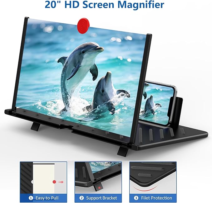 20"Screen Magnifier for Cell Phone,Mobile Phones 3D Magnifier,Screen Expanders for Movies, Videos, and Gaming, Foldable Phone Stand with Screen Amplifier,Birthday Gifts for Mother Father & Kids(Black)